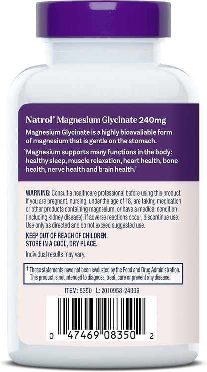 Natrol Magnesium Glycinate Supplements 240 mg - High Absorption - Calm Magnesium Glycinate for Sleep - 60 Capsules, 30 Day Supply