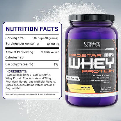 Ultimate Nutrition Prostar Whey Protein Powder Isolate, Mango - Low Carb, High Protein Powder Shake for Muscle Gain & Recovery - Low Sodium, Low-Fat & Keto Friendly - 2 lbs Tub