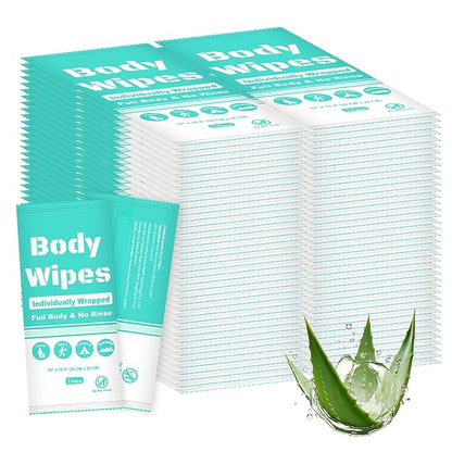Individually Wrapped Body Wipes Bulk Bath Wipe, Women Men Large Adult Disposable Body Shower Wipes No Rinse-Free Bathing Cloths Wipe for Outdoors After Gym Camping Travel (100, Blue, 12 x 10.3 in)
