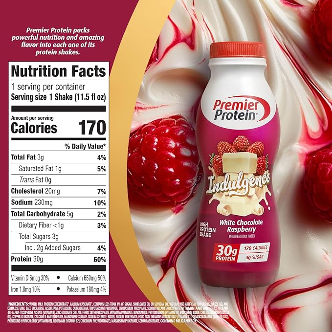 Premier Protein Shake INDULGENCE, White Chocolate Raspberry, 30g Protein, 170 Calories, 3g Sugar, 11.5 fl oz, 12 Pack (Packaging May Vary)