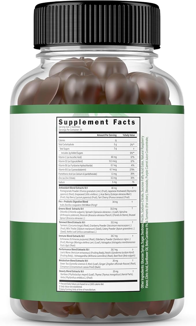 Supergreens Gummies (60 Count) Daily Greens Gummies- Greens Supplements with Raspberry Flavor- Superfood for Immunity Support for Adults - Third Party Tested, Vegan Safe & Made in USA