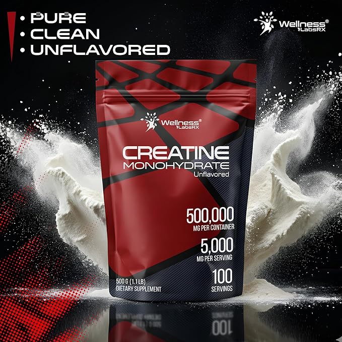WELLNESS LABSRX Creatine Monohydrate Powder 500g – 100 Servings Micronized Creatine Powder Supplement, Unflavored Creatine for Women and Men, Supports Muscle Strength, Energy, Endurance and Workout
