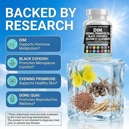 Clean Nutraceuticals DIM Evening Primrose Black Cohosh Calcium D-Glucarate Sulforaphane Flax Seed Extract - Hormonal Support Vitamins for Women with Dong Quai - 60 Caps