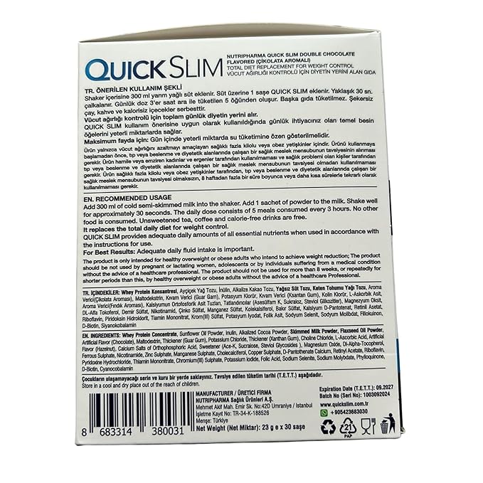 Quick Slim Meal Replacement Shake for Weight Loss, 30 Servings, 20g Protein, 27 Vitamins & Minerals, Dietary Fiber, Low Carb, Gluten Free (Double Chocolate, 30 Sachets)