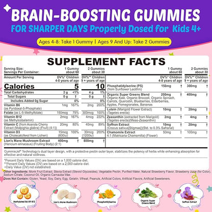 Kids Brain Gummies with Lion's Mane Mushroom, Methyl B6, B9, B12, Supper Greens, Lutein, Brain Booster Supplement for Focus & Attention, Cognitive Function, Vision & Energy, Sugar Free, Vegan 2 Pack