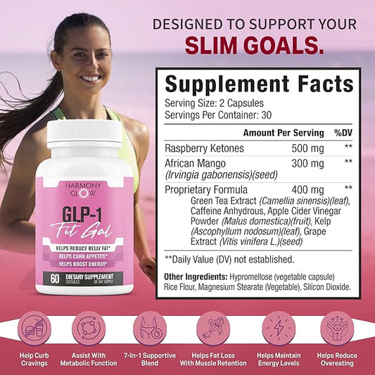 GLP-1 Fit Gal | Weight Loss Pills, Appetite Suppressant & Fat Burner for Women | Supports Healthy Pathways Associated with GLP-1 Activity | 3rd Party Tested Supplement - 60 Capsules for Adults