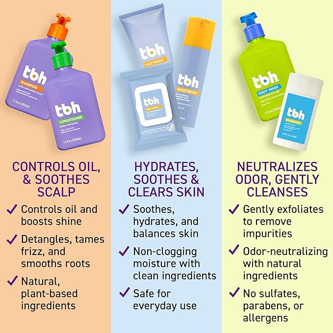 TBH Kids Teen Hygiene Starter Kit- Shampoo, Conditioner, Body Wash, Face Wipes, Face Wash, Moisturizer, and Deodorant for Kids - 7 in 1 Kit for all Your Tweens Needs