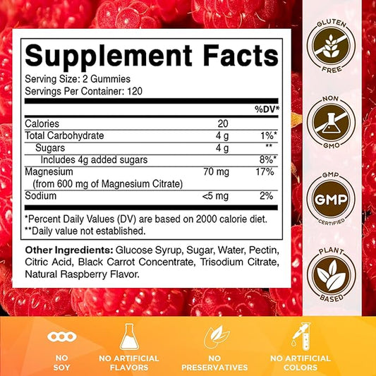 Vitamatic Magnesium Citrate Gummies 600mg per Serving - 240 Vegan Gummies - Natural Raspberry Flavor - High Absorption Magnesium Supplement - Supports Nerve, Bone and Muscle Health