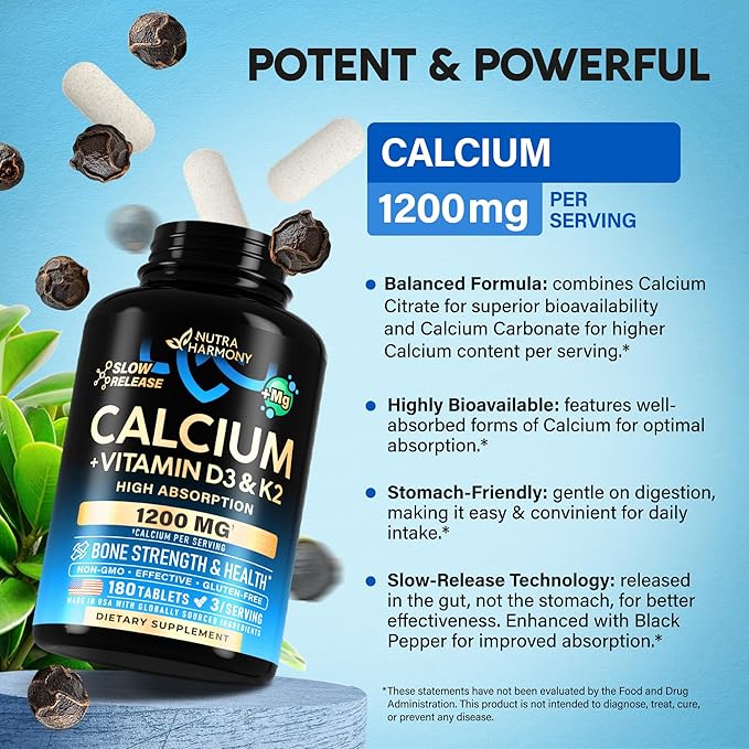 Calcium 1200 mg with Vitamin D3 - Calcium Citrate Supplements for Women & Men - Bone Health, Strength & Density - High Absorption & Slow Release - Lab Tested, Made in USA - 180 Tablets, 60 Days Supply
