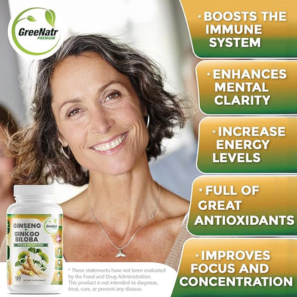 GreeNatr Ginko Biloba & Panax Ginseng Supplement - Red Ginseng Brain Supplement for Memory and Focus - Ginkgo Biloba Supplements for Good Vision, Immune System and Improved Blood Flow - 120 Tablets