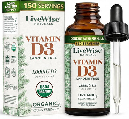 Live Wise Naturals Vitamin D3 1000 IU, 25 MCG Drops - 150 Servings, Ultra Concentrated Formulation, Fast Absorption, Vegan, Organic MCT Oil Formula - Micro-Dosing Dropper for Bone & Immune Support