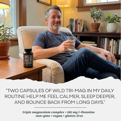 Wild Foods 3 in 1 Magnesium Glycinate L Theanine for Calm Sleep & Muscle Relaxation - Glycinate, Malate, Taurate - 100% Natural Magnesium Complex for Women and Men - 60 Capsules