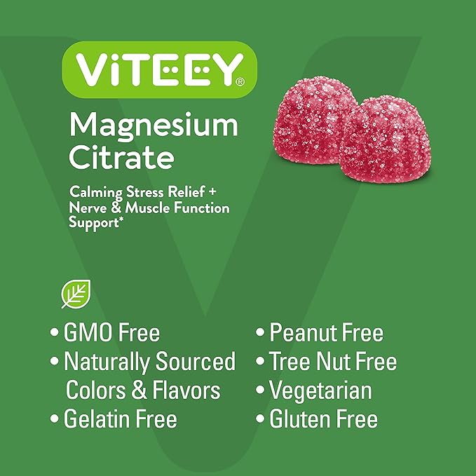 VITEEY Magnesium Gummies for Adults - 66mg of Magnesium Citrate Gummy for Calm, Sleep, Nerve & Muscle Function Support - Vegetarian, Gluten Free - 60 Count