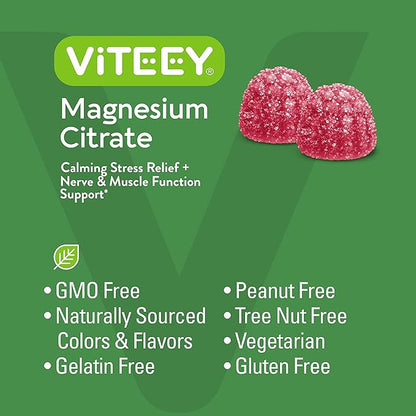VITEEY Magnesium Gummies for Adults - 66mg of Magnesium Citrate Gummy for Calm, Sleep, Nerve & Muscle Function Support - Vegetarian, Gluten Free - 60 Count