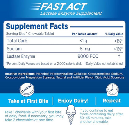 Lactaid Fast Act Lactose Intolerance Relief Chewables with Natural Lactase Enzyme to Prevent Gas, Bloating & Diarrhea Due to Lactose Sensitivity, On-the-Go, Vanilla Twist Flavor, 60 x 1 ct
