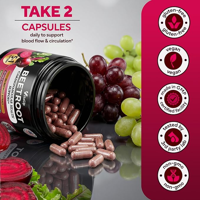 VitaUp Beet Root Capsules - USA Made Beetroot Supplement for Normal Circulation, Nitric Oxide & Heart Support - 5-in-1 Beets with Grape Seed, Garlic Extract, Hawthorn Berry, Olive Leaf - 90 Vegan Caps