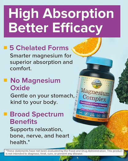 Terranics 5-in-1 Magnesium Complex Supplement 500mg - 5 Forms High Absorption Magnesium Glycinate Citrate Malate Aspartate Gluconate for Sleep Heart Health - Non-GMO 240 Vegan Capsules