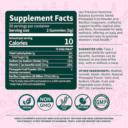Premium Feminine Balance Gummies - 60 Count (30-Day Supply) - Pineapple Flavor Vaginal Health Supplements for Women - Probiotic & Antioxidant Support for Odor, Freshness & pH Balance