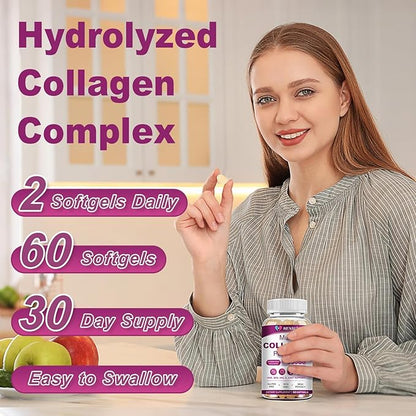 Multi Collagen Peptides Softgel for Women & Men - Type I, II, III, V, X - Hydrolyzed Collagen Peptides with Biotin, Vitamin C & Hyaluronic Acid - Support Skin Hair Nail & Joint - Non GMO, 120 Softgel