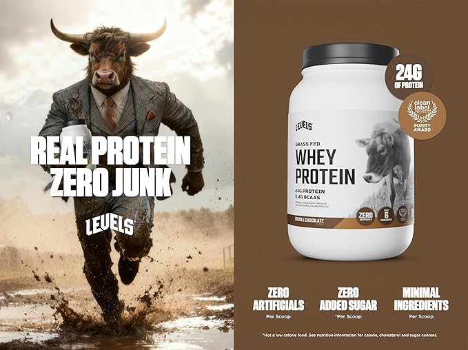Levels Grass Fed Whey Protein Powder, No Artificials, 24G of Protein, Double Chocolate, 2LB