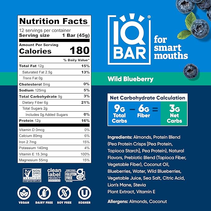 IQBAR Clean Plant Protein Bars - Wild Blueberry - 36 Count - Keto, Vegan, High Fiber, Gluten and Dairy Free, Low Sugar Snack - Brain and Body Nutrients for Focus, Energy, Meal Replacement