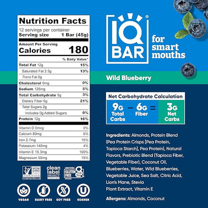IQBAR Clean Plant Protein Bars - Wild Blueberry - 36 Count - Keto, Vegan, High Fiber, Gluten and Dairy Free, Low Sugar Snack - Brain and Body Nutrients for Focus, Energy, Meal Replacement
