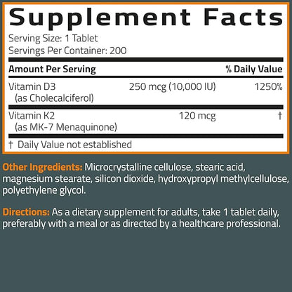 Bronson Vitamin K2 (MK7) with D3 Supplement Extra Strength 2 in 1 Support, 10,000 IU Vitamin D3 & 120 mcg K2 MK-7, 200 Tablets