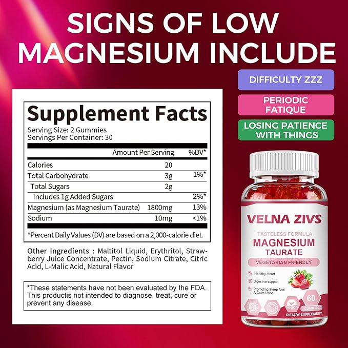 Magnesium Taurate Gummies 1800mg, Magnesium Taurate Supplement, High Absorption& chewable for Kid and Adults, Muscle and Heart Health Support, Vegan, Gluten Free, 60 Counts