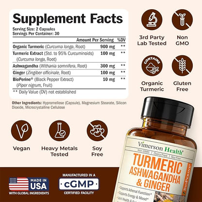 Ashwagandha Organic Turmeric Curcumin Supplement with Ginger Root & Black Pepper – Joint Health, Energy & Immune Support – Antioxidant Blend with 95% Curcuminoids – 2 Pack