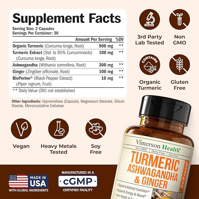 Ashwagandha Organic Turmeric Curcumin Supplement with Ginger Root & Black Pepper – Joint Health, Energy & Immune Support – Antioxidant Blend with 95% Curcuminoids – 60 Capsules