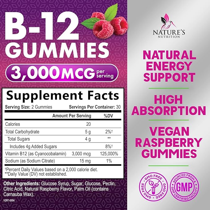 Vitamin B12 Energy Gummies - 3000 mcg per Serving Extra Strength B 12 Gummy for Metabolism & Immune System Support - Chewable Dietary B12 Supplements, Caffeine Free Gummy Vitamin - 60 Gummies