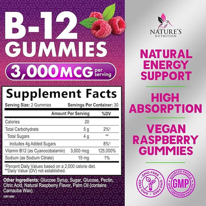 Vitamin B12 Energy Gummies - 3000 mcg per Serving Extra Strength B 12 Gummy for Metabolism & Immune System Support - Chewable Dietary B12 Supplements, Caffeine Free Gummy Vitamin - 60 Gummies