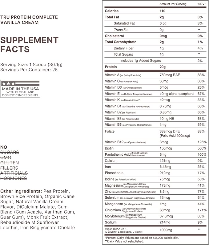 TRU Supplements Plant Based Protein Powder, BCAA, EAA, 20g Vegan Brown Rice & Pea Protein, 100 Calories, 27 Vitamins, No Artificial Flavors 25 Servings (Vanilla Cream)