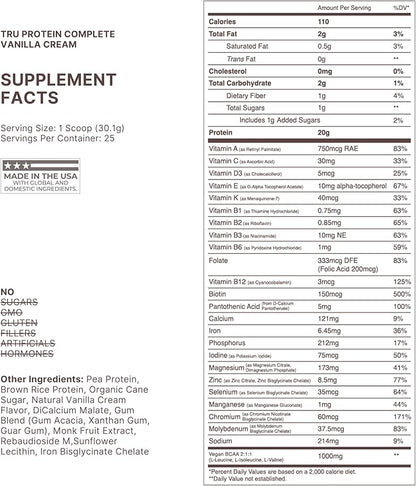 TRU Supplements Plant Based Protein Powder, BCAA, EAA, 20g Vegan Brown Rice & Pea Protein, 100 Calories, 27 Vitamins, No Artificial Flavors 25 Servings (Vanilla Cream)