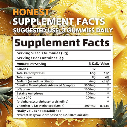 Creatine Monohydrate Gummies for Men & Women - 5g of Creatine Monohydrate per Serving - Sugar Free,Vegan, Pineapple Flavor, 135 Count (45 Servings)..