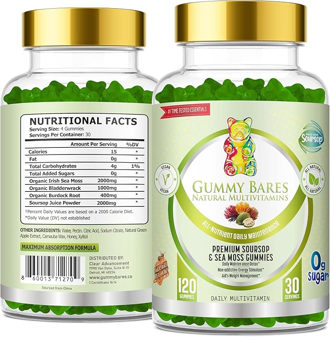 Sea Moss & Soursop Gummies - Organic Irish Sea Moss, Sour SOP Multivitamin, Soursop Bitters, Seamoss & Sea Grapes | Vegan, Sugar-Free (120 ct) | Gummy Bares