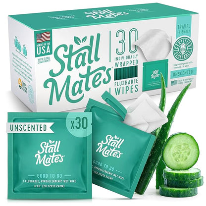 Stall Mates Wipes - Flushable Wipes, Individually Wrapped, Travel Friendly, Unscented with Cucumber, Vitamin-E & Aloe, (30 on-the-go singles)