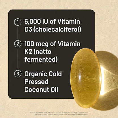 NatureWise Vitamin D3 5000IU + K2 (MK7) 100mcg with Organic Extra Virgin Coconut Oil - Supports Calcium Absorption, Bone & Immune Health - Non-GMO, Soy & Gluten-Free - 90 Softgels[90-Day Supply]