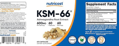 Nutricost KSM-66 Ashwagandha Root Extract 600mg, 60 Veggie Caps (3 Bottles) - 5% Withanolides - with BioPerine