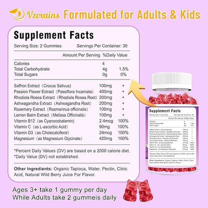 Saffron Gummies, 10 in 1 Saffron Supplements Gummies with Magnesium, Ashwagandha & Rhodiola Rosea, Sugar Free Vegan Mixed Berry Flavor - 60Cts