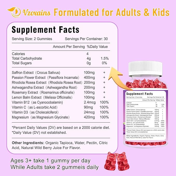 Saffron Gummies, 10 in 1 Saffron Supplements Gummies with Magnesium, Ashwagandha & Rhodiola Rosea, Sugar Free Vegan Mixed Berry Flavor - 2 Pack 120Cts
