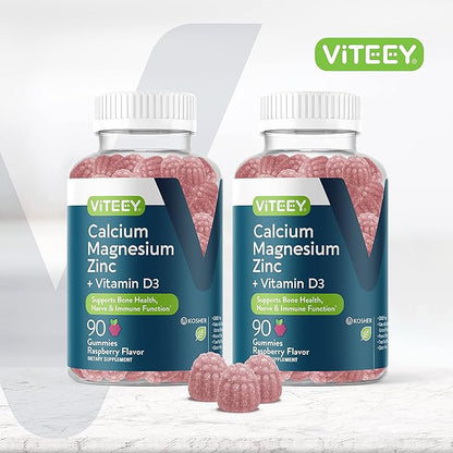 Viteey Calcium Magnesium Zinc Gummies with Vitamin D3 - Supports Bone Health, Nerve & Immune Function - Calcium Magnesium Zinc D3 for Adults & Teens - GMO Free - Chewable Raspberry Flavored Gummy