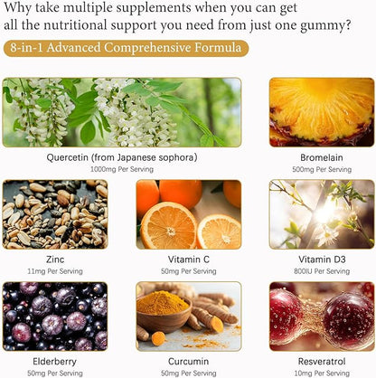 8-in-1 Quercetin with Bromelain Gummies 1000mg, High Potency Organic Quercetin Supplement with Zinc & Vitamin C, Elderberry, Seasonal Wellness & Immune Support, Vegan, Sugar Free, 120 Gummies