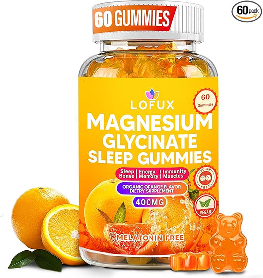 Lofux Magnesium Glycinate Gummies 400mg, Sugar Free Magnesium Gummies for Adults Women, Men, Chewable Supplement Gummy with L-Threonate, Vitamin D, B6, CoQ10 - for Calm, Sleep, Body Relaxation, 60 Ct