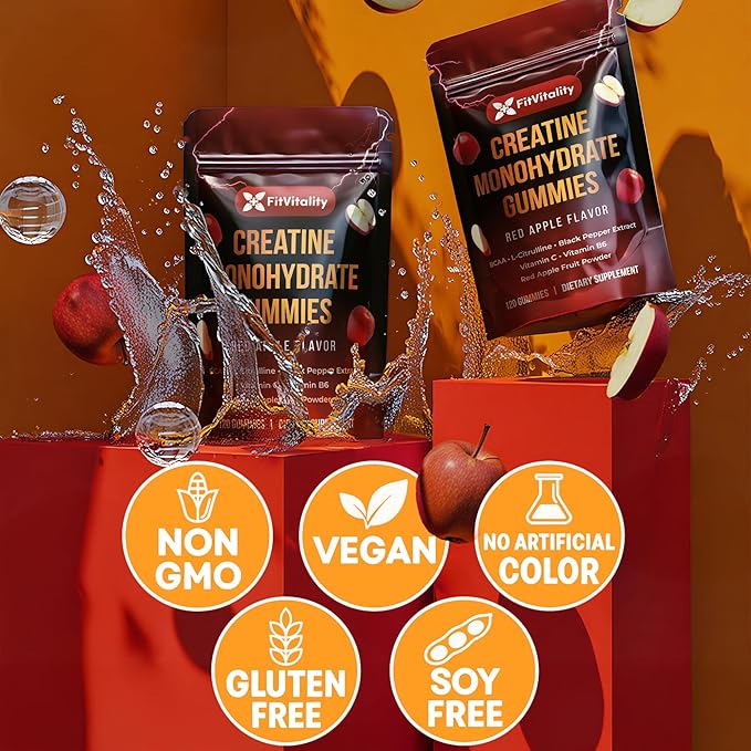 Premium 120 Creatine Gummies - Formulation with Creatine Monhydrate, Vitamin C & B6 - Vegan, Non-GMO, Sugar-Free, Red Apple Flavor