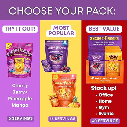 Caffeine Candy - Popping Energy Candy Crystals, 100mg Caffeine, L-Theanine & B12, Fast Energy, No Drink Needed - Coffee Alternative 15-Pack (Pineapple Mango & Cherry Berry)