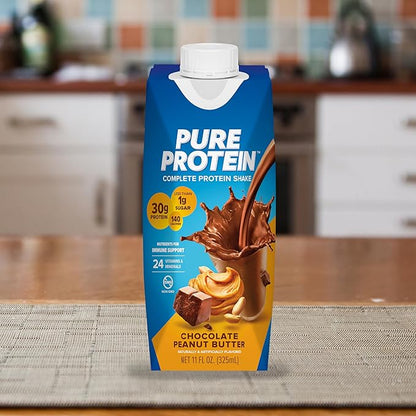 Pure Protein Complete Shake, Chocolate Peanut Butter, 30g High Protein-Drink, Less than 1g Sugar, 3g Fiber, Ready to Drink, Non GMO, On-the-Go Shakes, 11oz Bottles, (Pack of 24)