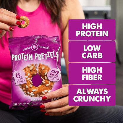 CRISP POWER Protein Pretzels, Sesame, 27G Protein, High Protein Snack, High Fiber, Low Carb Crunchy Pretzel Snacks, No Added Sugar, 1.75 oz Bags, 24 Pack, Vegan, Keto