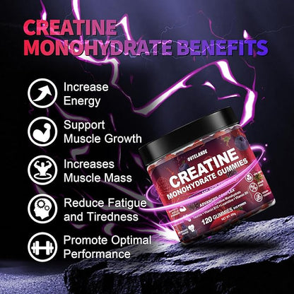 Creatine Monohydrate Gummies 8000 mg for Men & Women, Creatine Supplement for Enhanced Muscle Growth, Energy Boost - with L-Taurine, Sugar Free, Vegan, Raspberry BlackBerry Blueberry Flavor-120 Count