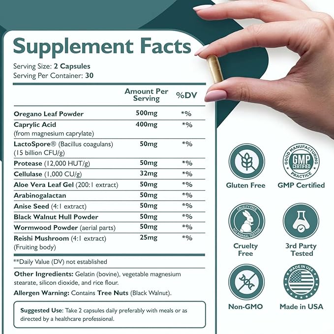 Happee Candida Complex Supplement – Candida Cleanse for Overgrowth Support – Caprylic Acid, Oregano & Probiotics for Yeast Balance, Gut & Immune Support – 60 Caps